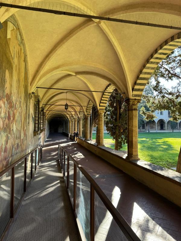 A corridor with a garden.