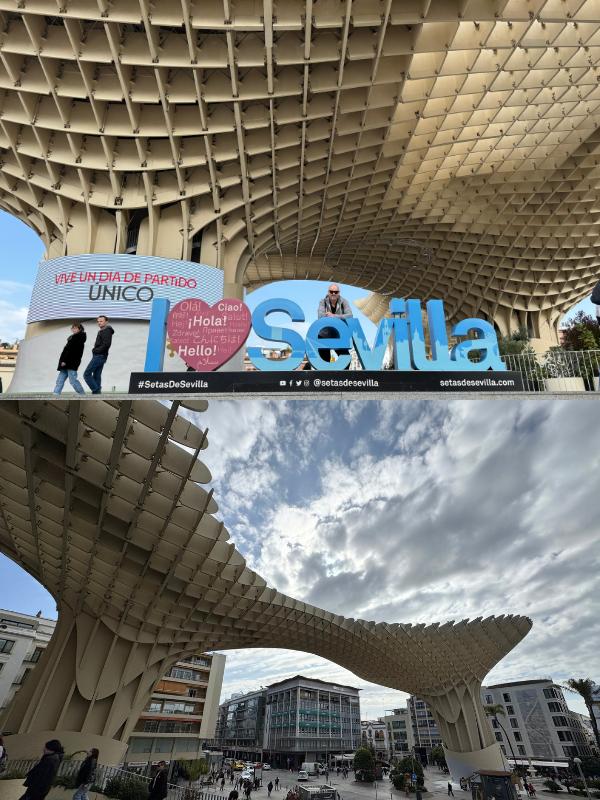 Guide to Seville with images of Las Setas and the I love Seville sign.