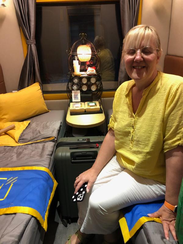 Lady in yellow shirt on a train.